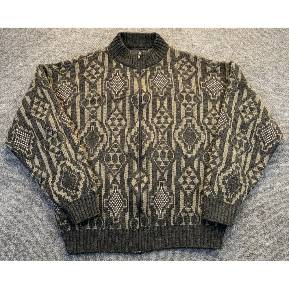 Vintage Italian Wool Blend Full Zip Cardigan Sweater Mern's XL Gray Geometric